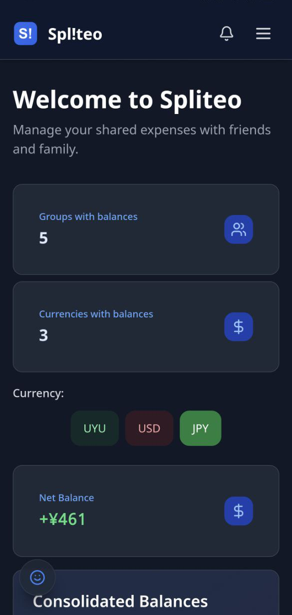 The Spliteo dashboard, with balances across groups and currencies